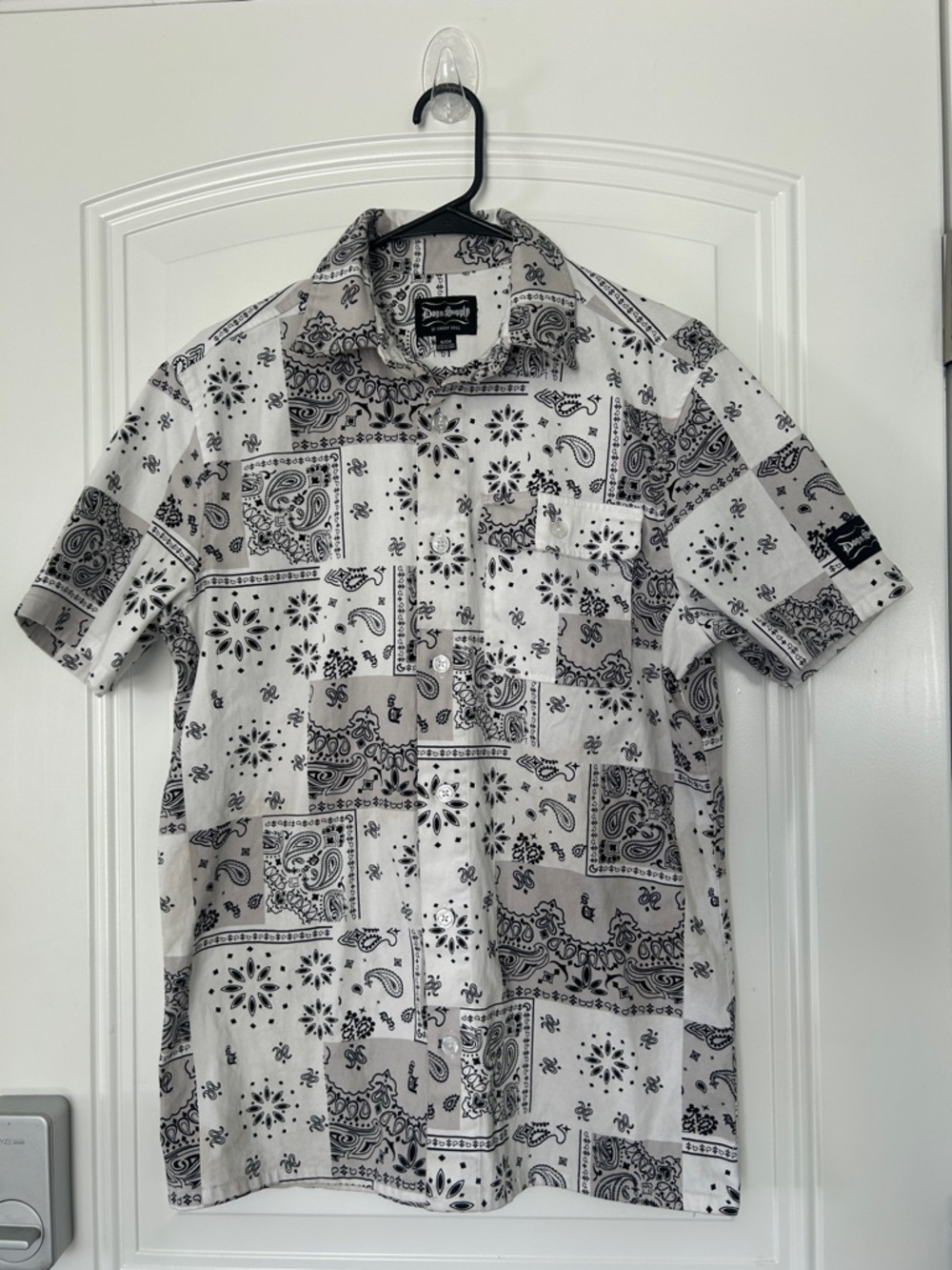 Men's Short-Sleeve Bandana Patchwork Button-Down Shirt - White/Black
